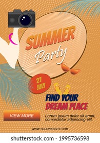 Summer party flyer in retro style with camera, flip-flops, sunglasses, women hand. Vector illustration.