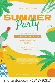 summer party flyer for sunny outdoor beach club live music dj drinking with yellow flat design elements background