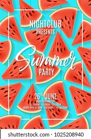 Summer party flyer template. Top view on watermelon's pieces on blue wooden texture. Vector illustration. Invitation to nightclub.