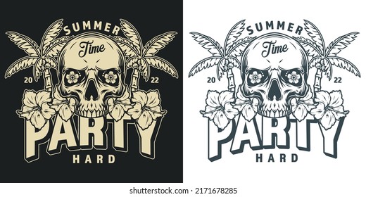 Summer party flyer vintage monochrome hard hangout in exotic Mexican style with skull and tropical flowers and palm vector illustration