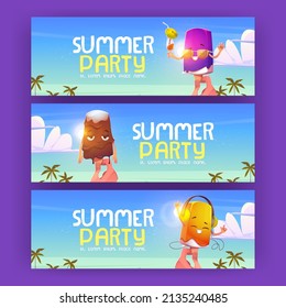 Summer party flyers with cute ice cream on beach. Vector posters with cartoon illustration with hand holding popsicle. Chocolate icecream on stick melt, in headphones and and sunglasses