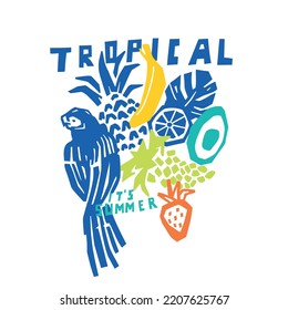 Fiesta de verano. Frutos divertidos. Loro, uva, piña, plátano, hoja tropical impresa.Ánimo tropical.Diseño de camisetas divertidas.Diseño de ilustración vectorial para telas de moda, gráficos textiles, impresión.