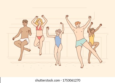 Summer, party, fun, holiday concept. Young happy people men women boys girls friends teenagers having fun at pool jumping in water together. Active lifestyle weekend vacation recreation illustration.