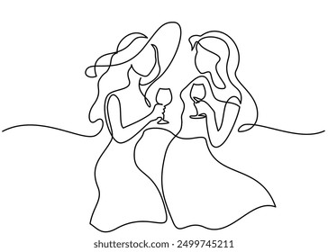 Summer party for girls. Fun drink lifestyle. Continuous one line drawing. Art design vector illustration.