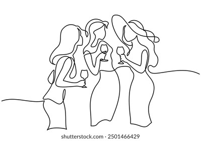 Summer party for girls. Fun drink lifestyle. Continuous one line drawing. Art design vector illustration.