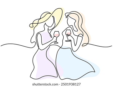 Summer party for girls. Fun drink lifestyle. Continuous one line drawing. Art design vector illustration.