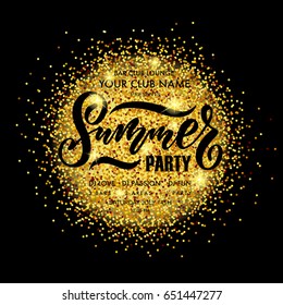 Summer party glitter vector banner design. Warm season lettering typography for postcard,  invitation.Calligraphy greeting card. Typography vector illustration EPS 10, logo, badge, icon, banner