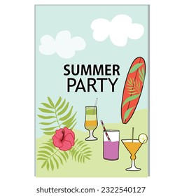 Summer Party greeting card with fruit cocktails, skater and tropical flowers