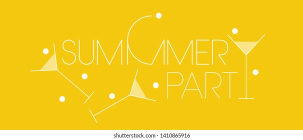Summer party - hand drawn calligraphy on yellow background. Flat vector illustration for greetings, party invitations, seasonal design and decoration, cards, flyers, posters, banners, prints, web.
