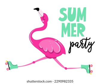 Summer Party - Hand drawn summer flamingo illustration with funny words. Holiday color poster. Good for clothes, posters, greeting cards, banners, textiles, gifts, shirts, mugs.