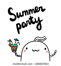Summer party hand drawn illustration with cute marshmallow holding cocktail