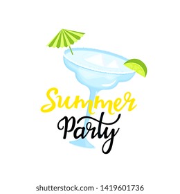 Summer party hand drawn lettering. Margarita cocktail with ice cubes, umbrella and slice of lime. Can be used as t-shirt design.