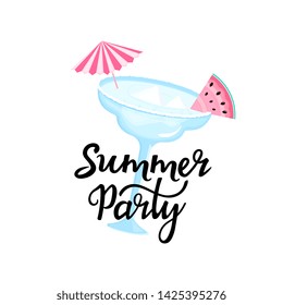 Summer party hand drawn lettering. Margarita cocktail with ice cubes, umbrella and slice of watermelon. Can be used as t-shirt design.