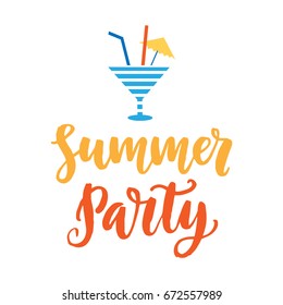 Summer party hand drawn poster with ink brush lettering. Modern calligraphy. Typography invitation card, banner template, tee shirt print. Vector illustration.