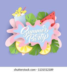 Summer party hand lettering on paper cut background with palm leaves, watermelon and citrus, tropical 3d design. Vector illustration. Holiday typography design.