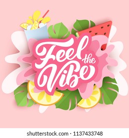 Summer party hand lettering on paper cut background with palm leaves, watermelon and citrus, tropical 3d design. Vector illustration. Holiday typography design.