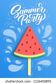 Summer party hand lettering with watermelon icecream. Vector poster design.