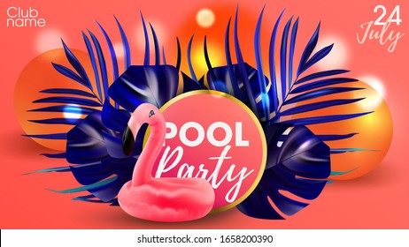 Summer party Hawaiian poster background. Banner with pink flamingo and colorful ball. Beach summer party.