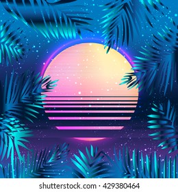 Summer Party holiday background, vector illustration. Tropicaln poster with palm leafs.Multicolor abstract  with tropical palm trees and abstract sun in vibrant psychedelic colors. 90s style concept.