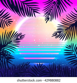 Fundo de férias Festa de Verão, ilustração vetorial. Poster tropical com folhas de palmeiras.Multicolor abstrato com palmeiras tropicais e sol abstrato em cores psicodélicas vibrantes. Conceito de estilo dos anos 90.