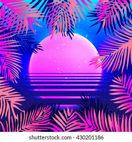 Summer Party holiday background, vector illustration. Tropical sun poster with palm leafs. Multicolor abstract  with tropical palm trees and abstract in vibrant psychedelic colors. 90s style concept