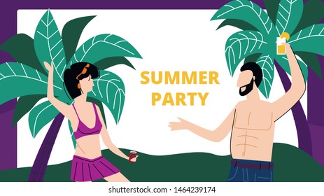 Summer Party Horizontal Banner, Young Man and Woman Dancing at on Sandy Beach with Palm Trees Enjoying Tropical Cocktails, Hot Summertime Vacation, Clubbing People. Cartoon Flat Vector Illustration