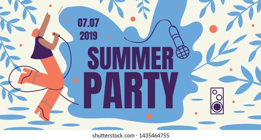 Summer Party Horizontal Retro Colored Banner, Girl Singing With Microphone, Order Ticket Online. Annual Musical Festival Event Invitation. Woman Dance, Sing, Have Fun. Cartoon Flat Vector Illustration