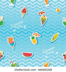 Summer party with ice cream and fruit symbol on water wave background decorated to seamless pattern.