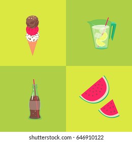 Summer party. Ice-cream, lemonade, cola and watermelon
