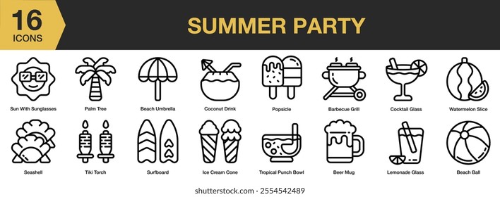 Summer Party icon set. Includes palm tree, cocktail glass, popsicle, beer mug, surfboard, seashell, and More. Outline icons vector collection.