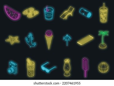 Summer Party Icons Set. Isometric Set Of Summer Party Vector Icons Neon Color On Black