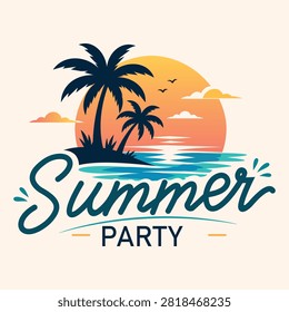 Summer party illustration featuring tropical beach sunset palm trees and seaside scenery designed for vacation events invitations posters travel promotions seasonal celebrations and festive advertising campaigns