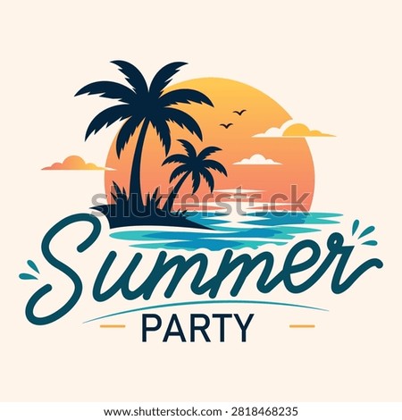 Summer party illustration featuring tropical beach sunset palm trees and seaside scenery designed for vacation events invitations posters travel promotions seasonal celebrations and festive advertising campaigns