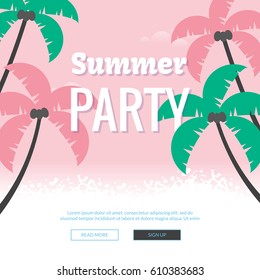 Summer party illustration poster. Colorful sea vacation concept. Vector flat design for flyers, banners, brochure, poster or web