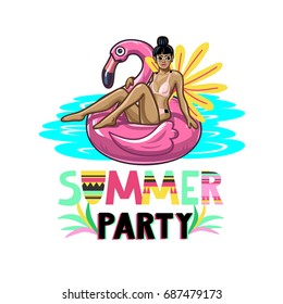 Summer party with inflatable circle in the form of a flamingo and a girl. Perfect for holiday posters, banners, T-shirts, etc.
