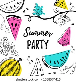 Summer party inspirational motivation postcard lettering text with hand drawn watermelons and colored shapes vector illustration. Summer party flyer or banner concept template. Whole, parts and seeds.