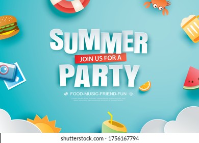 Summer party invitation banner with decoration origami. Paper art and craft style.