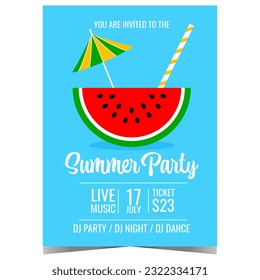 Summer party invitation banner or promo poster for holiday and vacation leisure time with friends and family. Vector illustration with drinking straw, cocktail umbrella and slice of watermelon.