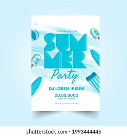 Summer Party Invitation Card With Event Details And Beach Elements.