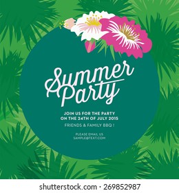 Summer Party invitation card with green leaves and flowers in the background. To be used for an invitation card. Vector and illustration design.