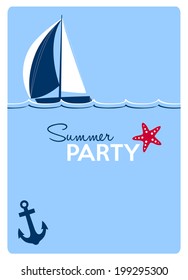Summer Party Invitation Card With A Sailing Boat, Anchor And A Red Starfish