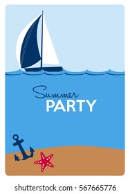 summer party invitation card with a sailing boat, anchor and a red starfish