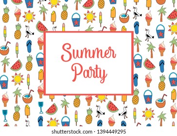 Summer party invitation card template vector with summer icons pattern. Watermelon, popsicle, pineapple, coconut, ice cream cone, palm tree, seagull, flipflop sandal, sunscreen