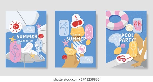 summer party invitation card vector. poster with Fruit , leaves, lobster, wine, cheese, tomato, crab, shell in line art. Design for wedding card, greeting card, cover, poster.