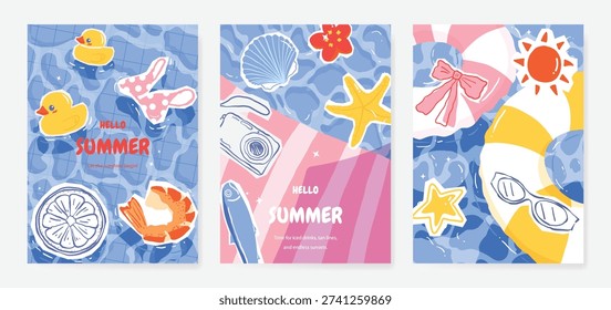 summer party invitation card vector. poster with Fruit , leaves, lobster, wine, cheese, tomato, crab, shell in line art. Design for wedding card, greeting card, cover, poster.