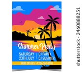 Summer party invitation for exotic and tropical entertainment event. Vector poster, banner or flyer with bright sunset, palm trees, hills, birds in the colourful sky and sailboat at sea.