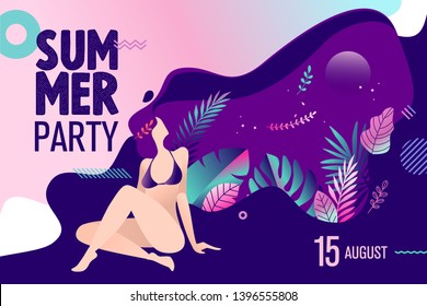 Summer party invitation. Flat design vector illustration for background, mobile and social media banner, summertime card, poster, marketing material.