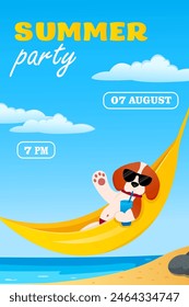 Summer party invitation. Flyer poster design summer beach party template. Dog in a hammock. Vector illustration