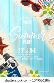 Summer party invitation flyer. Promo poster with realistic seashells, starfishes and vacation things on beach sand and wooden texture. Vector illustration with invite to nightclub.