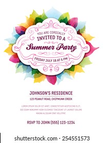 Summer party invitation with leaves and ornaments. Room for your own text at the bottom.